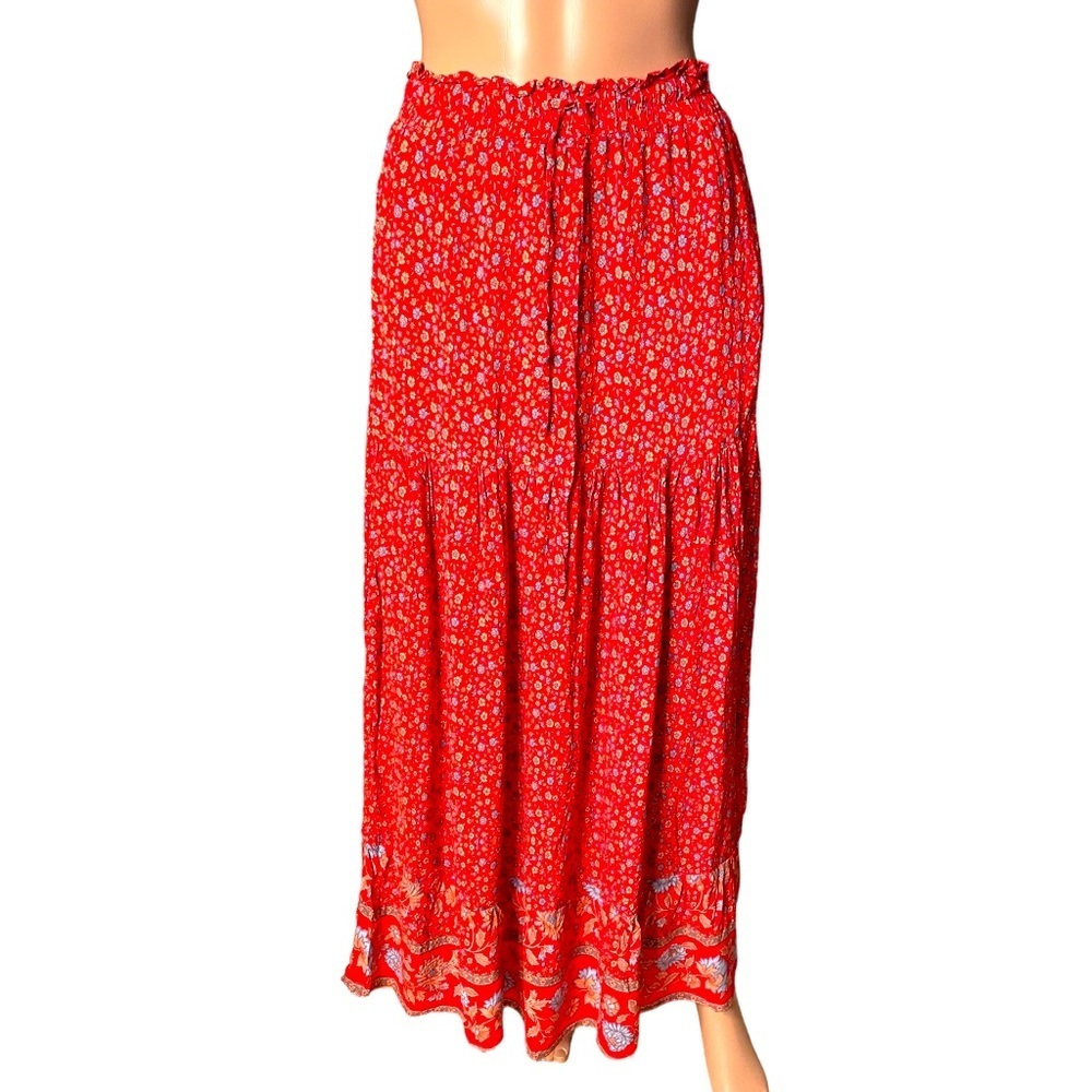 Red Smocked Tiered Maxi Skirt for Casual Wear